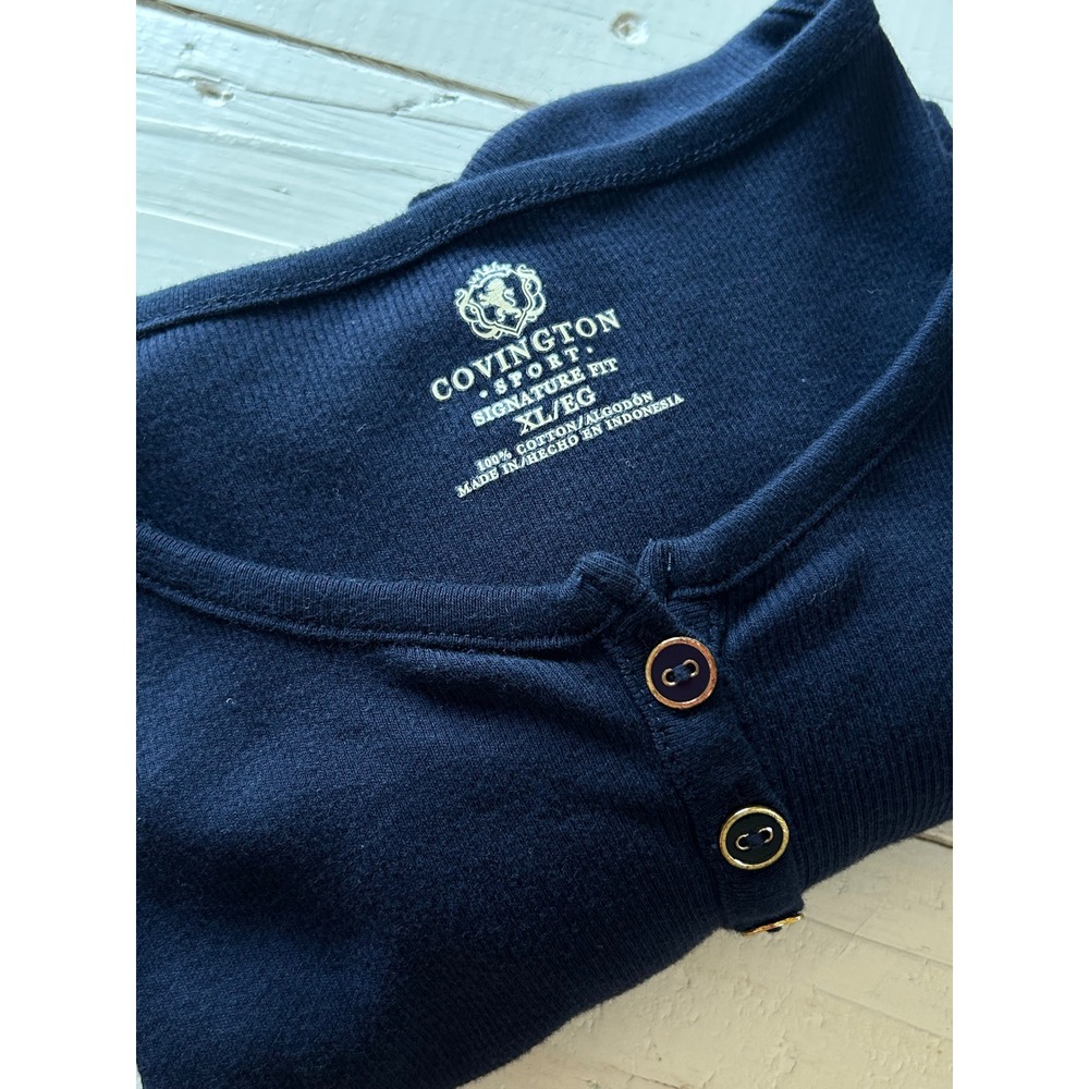 Covington‎ Sport Womens XL Navy Blue Ribbed Cotton Henley Long Sleeve Pocket Top